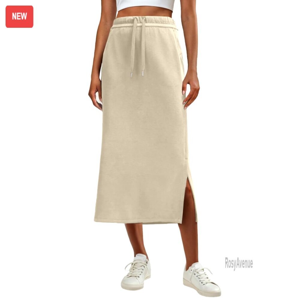 High Waist Maxi Skirt with Pockets, Drawstring, Side Slit, Casual Wear